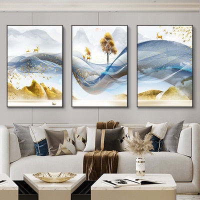 Buy Art Prints: 3 Pieces Nordic Luxury Ribbon Abstract Landscape