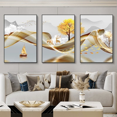 Buy Art Prints: 3 Pieces Nordic Luxury Ribbon Abstract Landscape