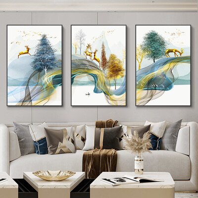 Buy Art Prints: 3 Pieces Nordic Luxury Ribbon Abstract Landscape