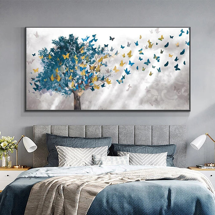 Buy Art Prints: Blue Tree Gold Butterfly Abstract Leaves Wall Art