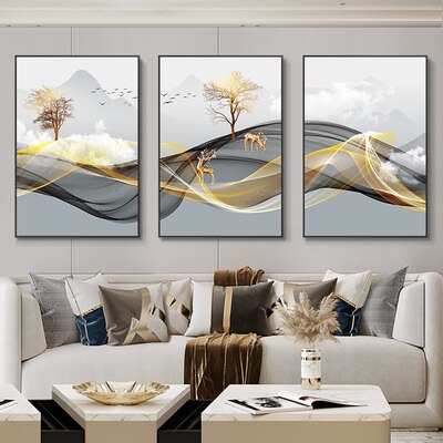 Buy Art Prints: 3 Pieces Nordic Luxury Ribbon Abstract Landscape