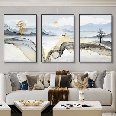 Buy Art Prints: 3 Pieces Nordic Luxury Ribbon Abstract Landscape