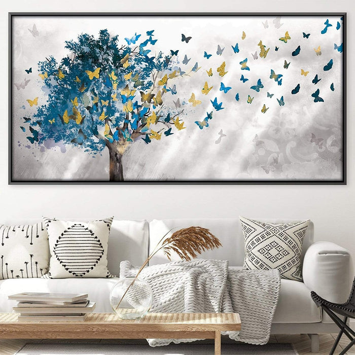 Buy Art Prints: Blue Tree Gold Butterfly Abstract Leaves Wall Art